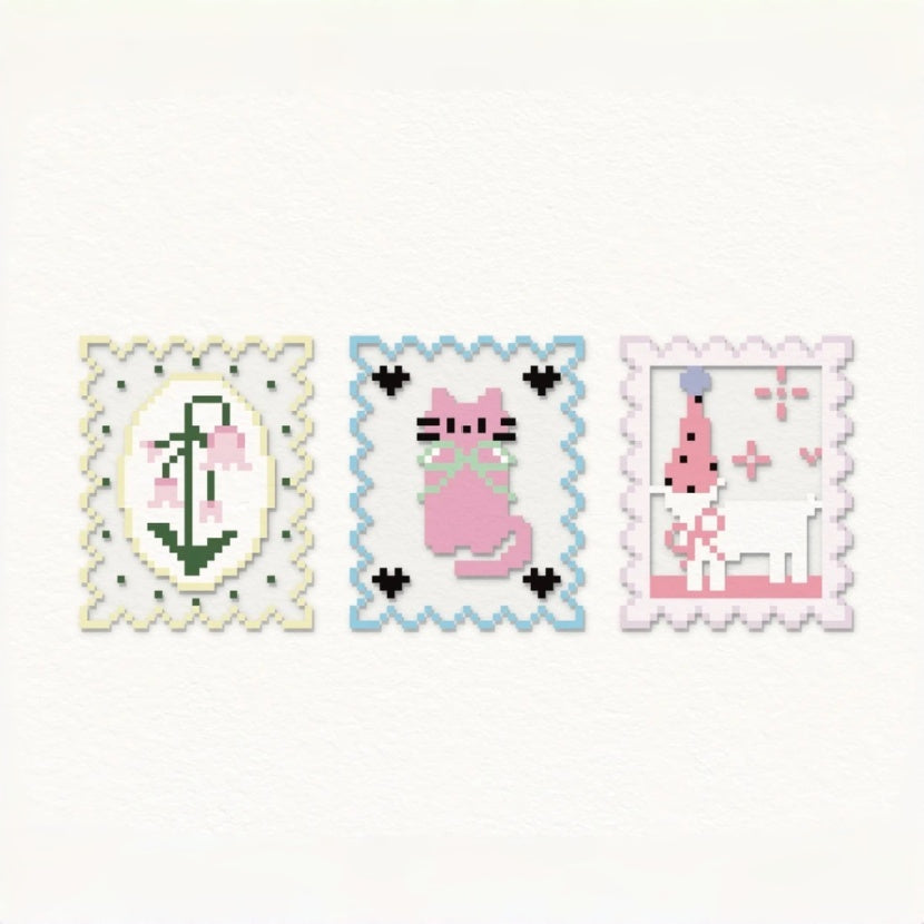 Three Postage Stamp Perler Coasters – Lily of the Valley, Kitten & Lamb