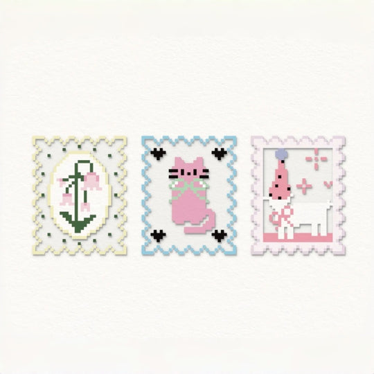 Set of 3 Postage Stamp Perler Coasters – Lily of the Valley, Kitten & Lamb