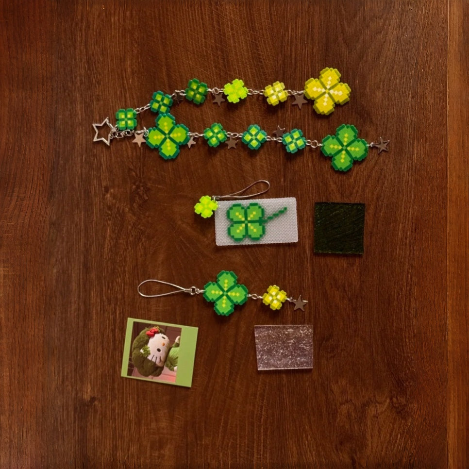 Clover Perler Bead Strap | Handmade Pixel Charm – Long / Short