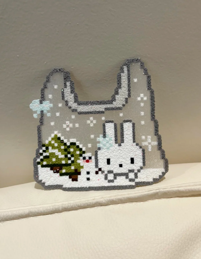Winter Bunny Handbag Shape Perler Bead Cutout | Christmas Backpack Charm & Magnet