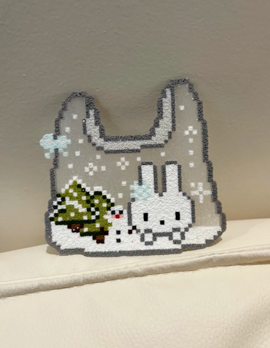 Winter Bunny Handbag Shape Perler Bead Cutout | Christmas Backpack Charm & Magnet