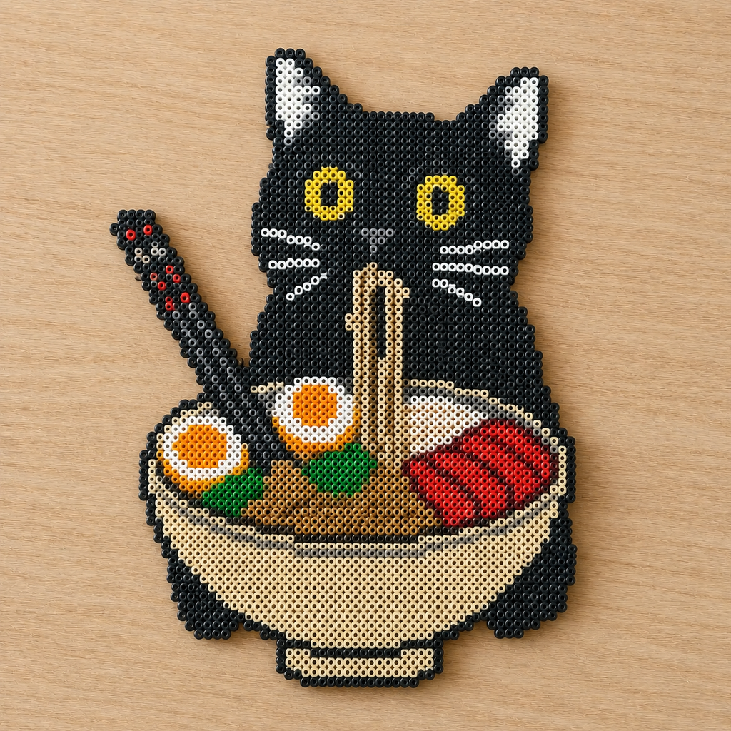 Black Cat Ramen Bowl – Shaped Perler Bead Art (Cat + Noodle Fusion)