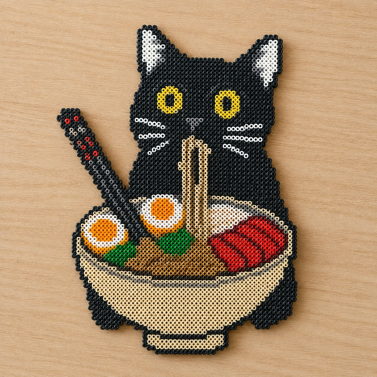 Black Cat Ramen Bowl – Shaped Perler Bead Art (Cat + Noodle Fusion)