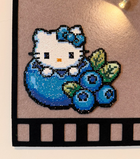Glitter Blueberry Hello Kitty Perler Bead Cutout | Kawaii Backpack Charm & Fridge Magnet