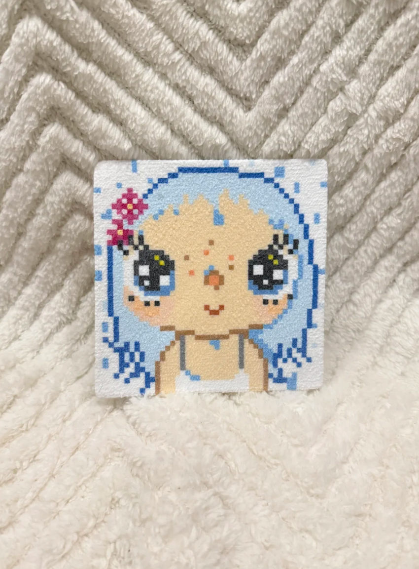 Pastel Light Blue Hair Kawaii Girl Pixel Perler Coaster | Cute Big Eye Cartoon Handmade Cup Mat