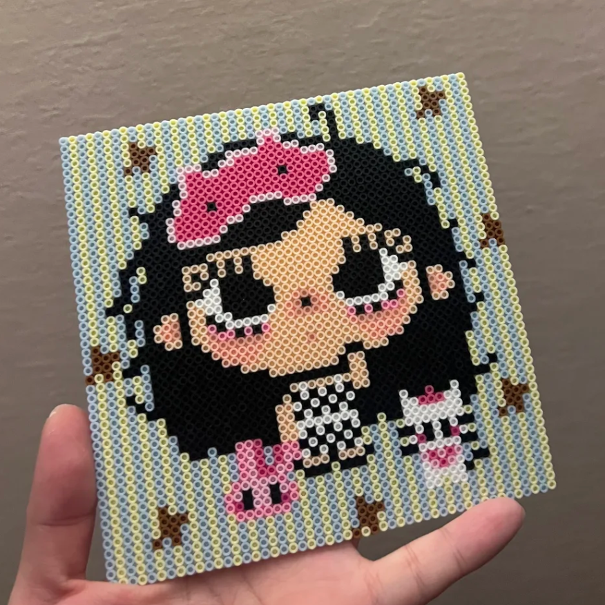 Q‑Style Big‑Head Girl – Striped Background Perler Bead Art