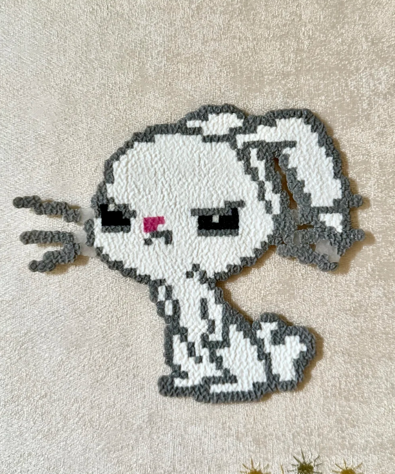 Tsundere Bunny Pixel Charm – Sassy Expression, Floppy Ear & Grey Outline – Quirky Kawaii Decor