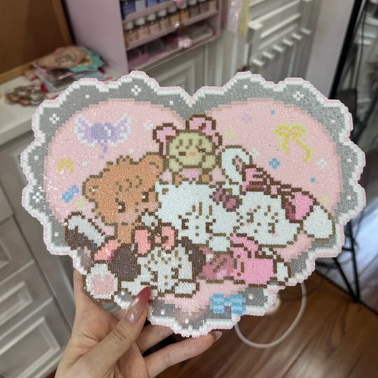 Bunny & Friends Cloud Hanging – 20×30cm Heart‑Shaped Pixel Art with Pastel Pink & Starry Decor