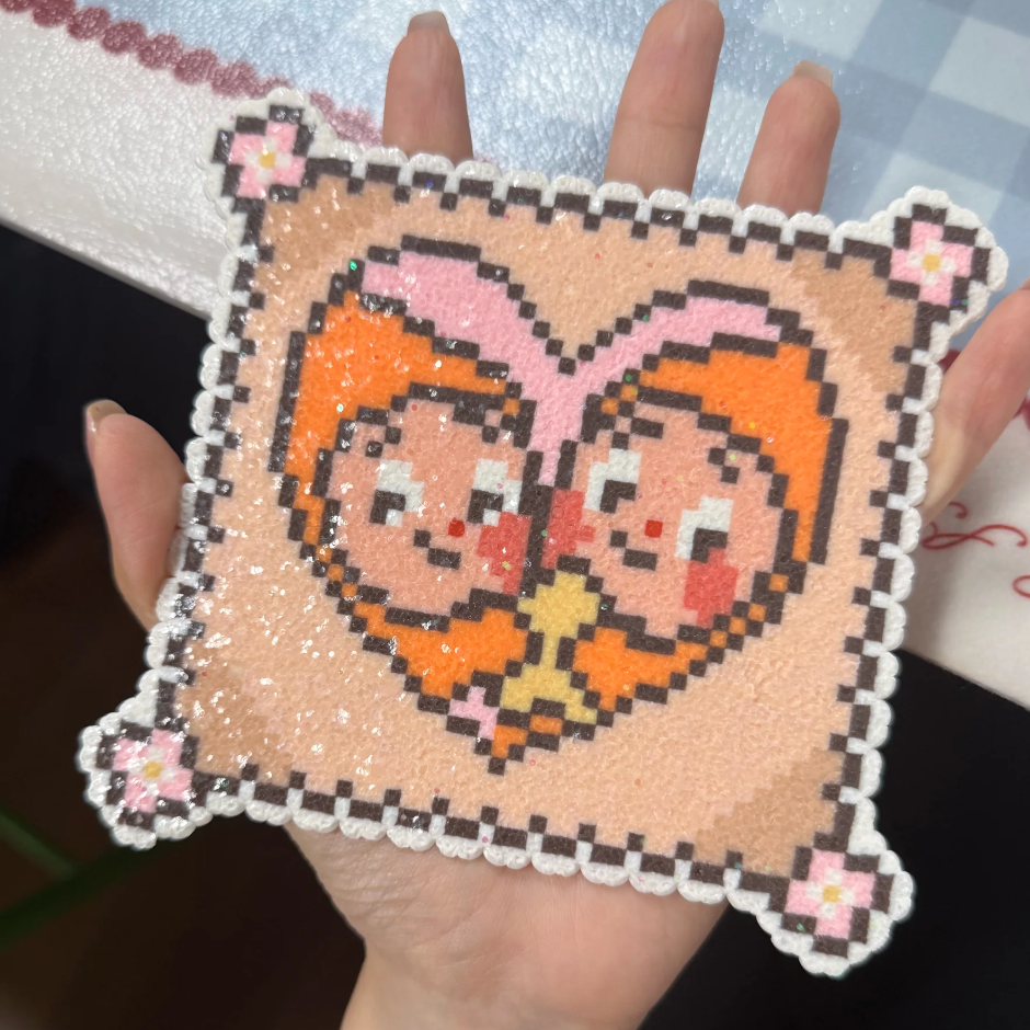 Double Portrait Heart Coaster – 10cm Retro Pixel Perler Bead Art