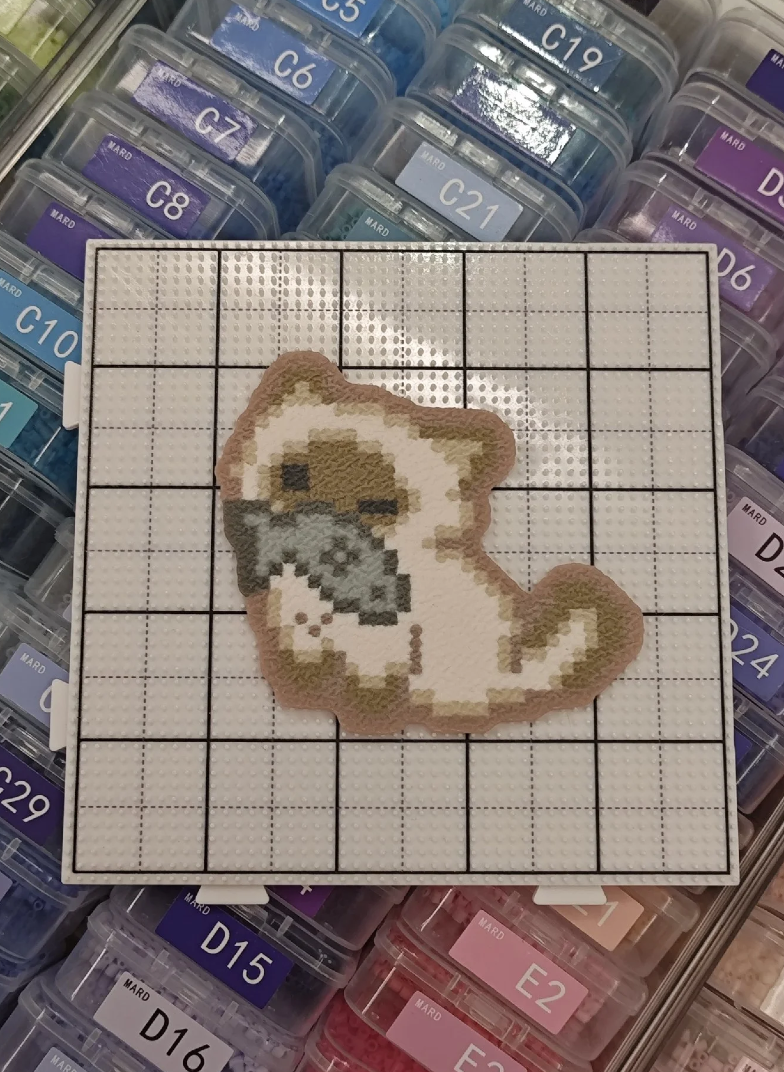 Chibi Siamese Cat With Fish Pixel Perler Bead Unfinished Layout