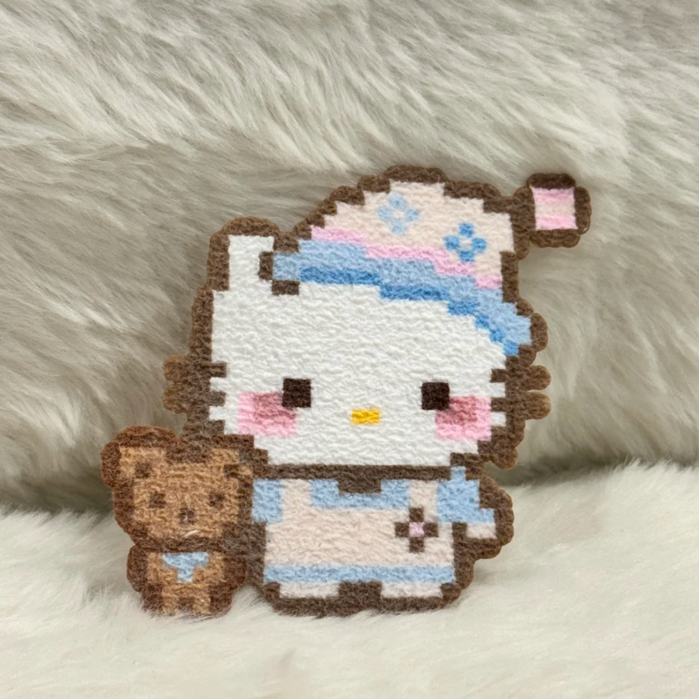 Cinnamoroll‑Style Pixel Charm – Sleepy Cap with Floral Pajamas & Mini Bear – Soft Pastel Decor