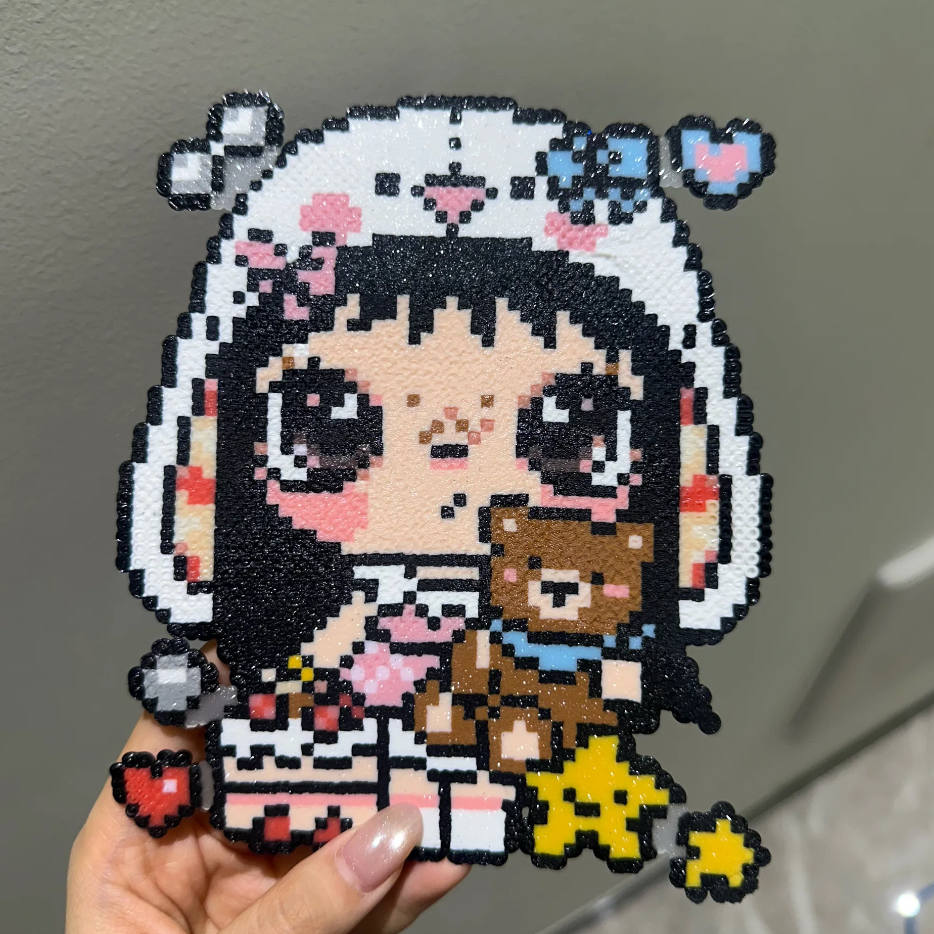 Glitter Bunny Hood Girl & Brown Bear Pixel Perler Coaster | Kawaii Y2K Handmade Decor