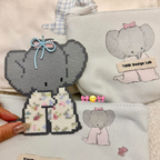 Pixel Grey Elephant Keychain – Floral Romper with Bow & Pearl Accents – Soft Kawaii Charm