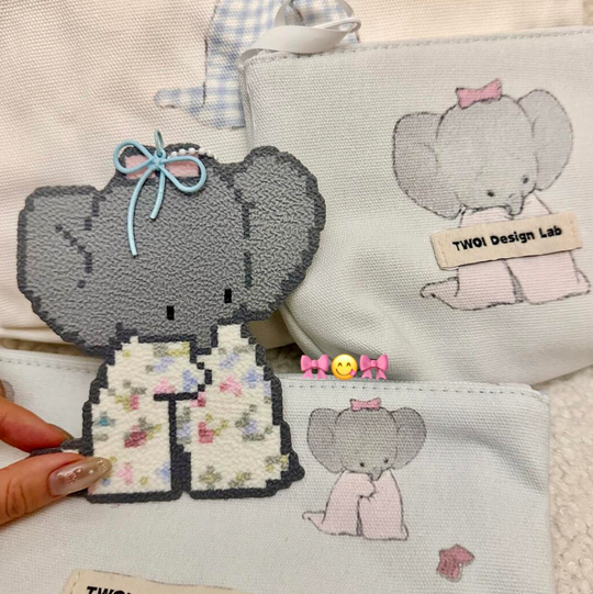 Pixel Grey Elephant Keychain – Floral Romper with Bow & Pearl Accents – Soft Kawaii Charm