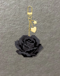 Black Rose Pixel Keychain – Layered Greyscale Petals & Gold Accents – Dark Vintage Charm