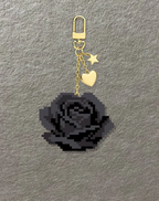 Black Rose Pixel Keychain – Layered Greyscale Petals & Gold Accents – Dark Vintage Charm