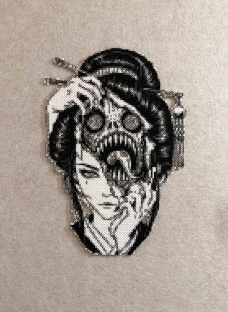 Dark Split‑Face Geisha Demon Perler Bead Pixel Art