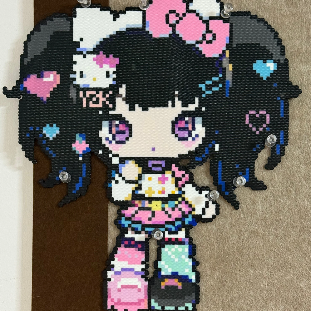 Y2K Anime Girl with Black Hair & Pink Dress – 8×12 Inch Perler Bead Wall Art