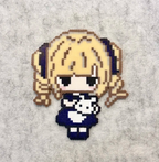 Twin-Tail Girl with Bear Pixel Charm – Milk-Gold Hair, Navy Dress & White Plush – Minimalist Cute Decor
