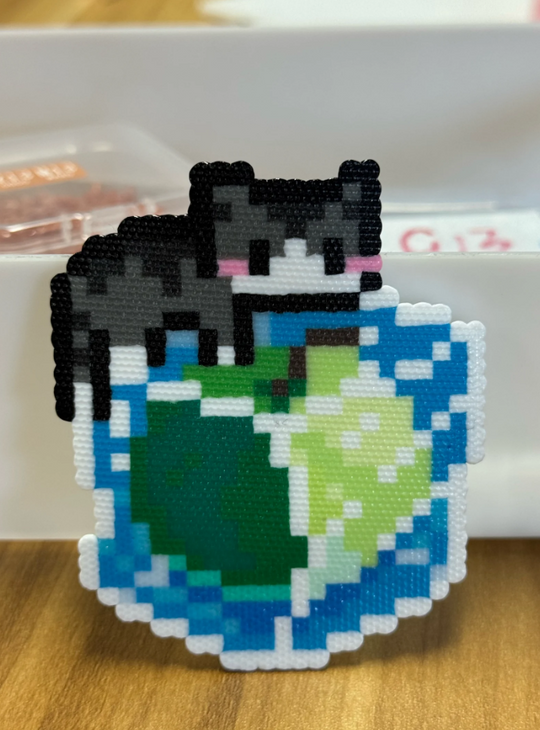 Kitty & Earth Pixel Charm – Grey Tabby on Planet – Cosmic Cute Decor