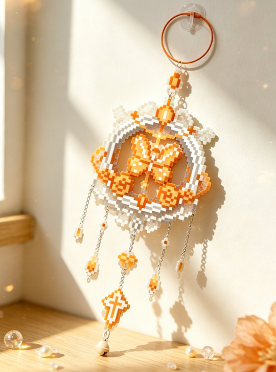 Orange Butterfly Cross Perler Bead Dreamcatcher Wall Hanging | Boho Sacred Window Decor