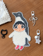 Cute Penguin Hood Big Eye Girl Pixel Perler Keychain Charm | Kawaii Handmade Bag Accessory