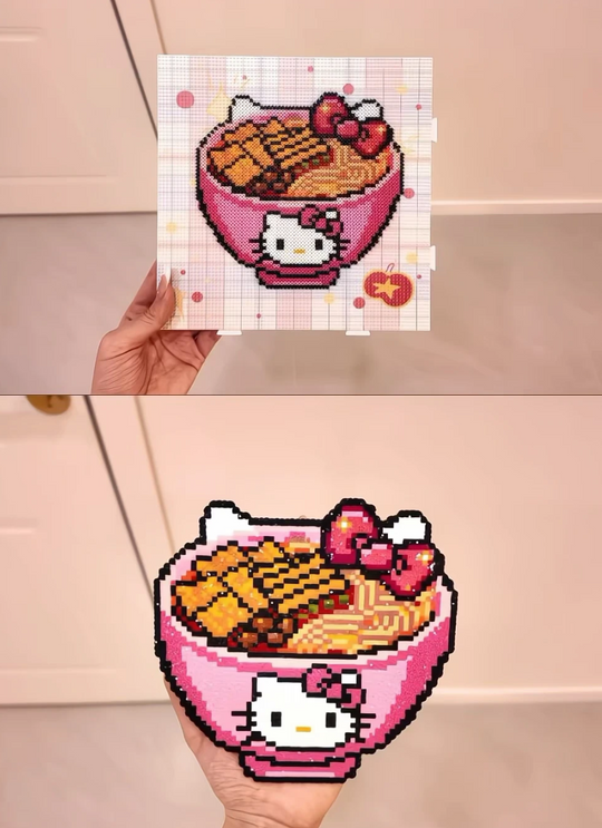 Hello Kitty Ramen Bowl – 3D Pixel Sculpture with Kitty Face, Noodles & Giant Bow – Sweet‑Cool Decor