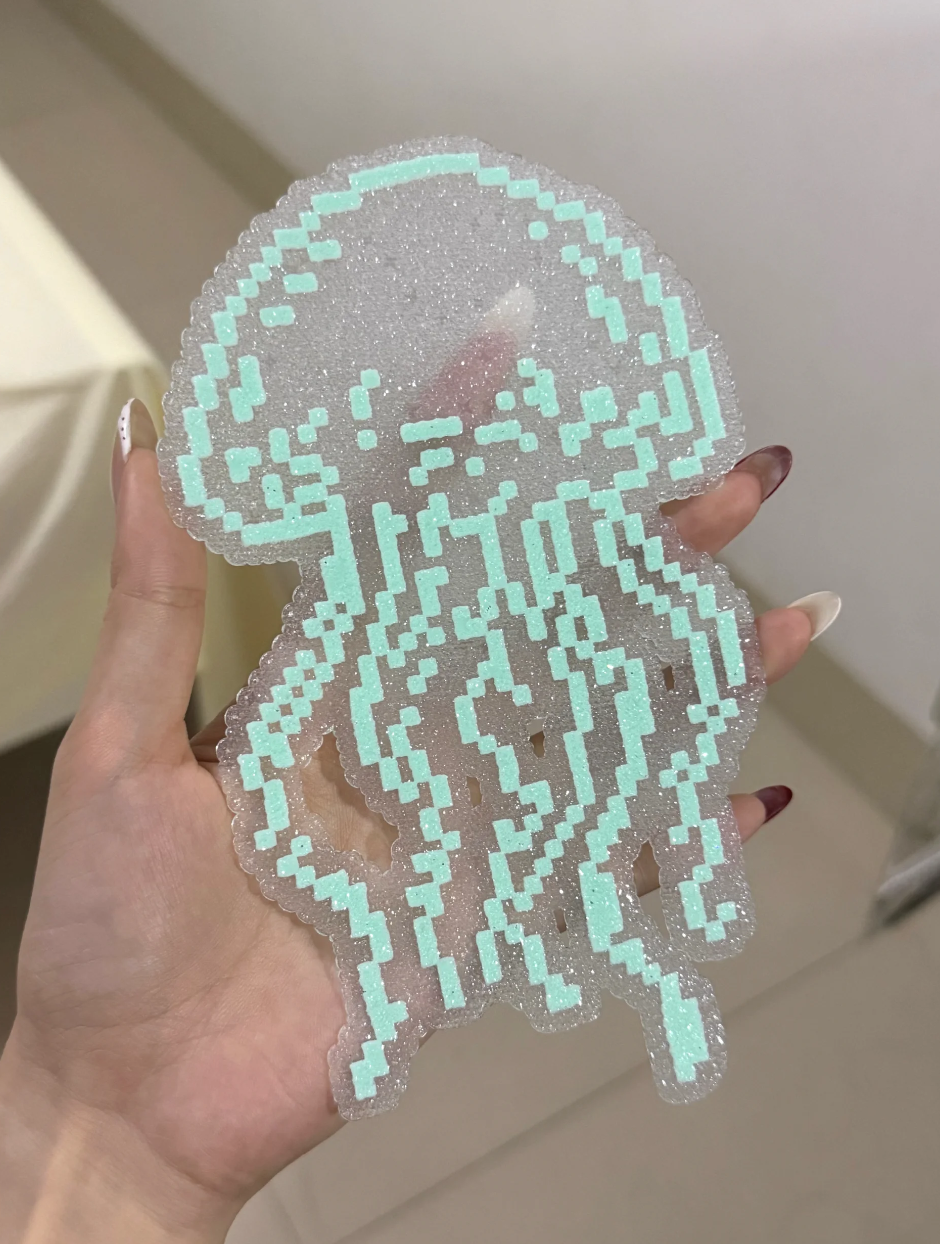 Transparent Glitter Mint Pixel Jellyfish Perler Bead Charm | Ocean Core Backpack Accessory & Coaster