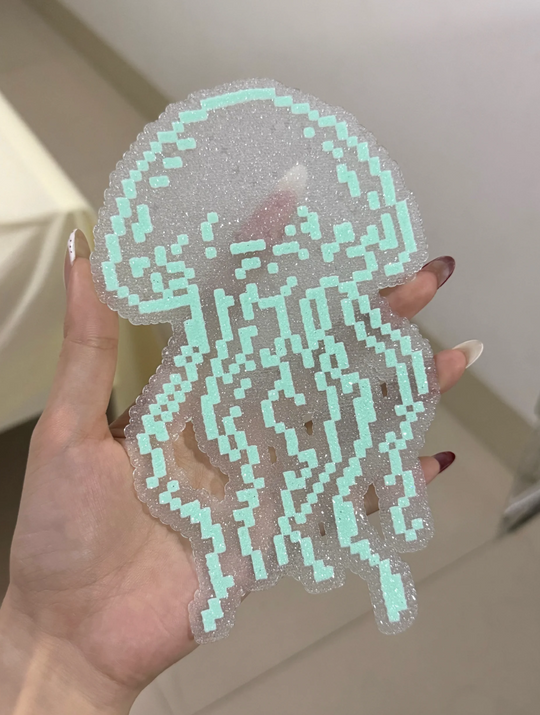 Transparent Glitter Mint Pixel Jellyfish Perler Bead Charm | Ocean Core Backpack Accessory & Coaster