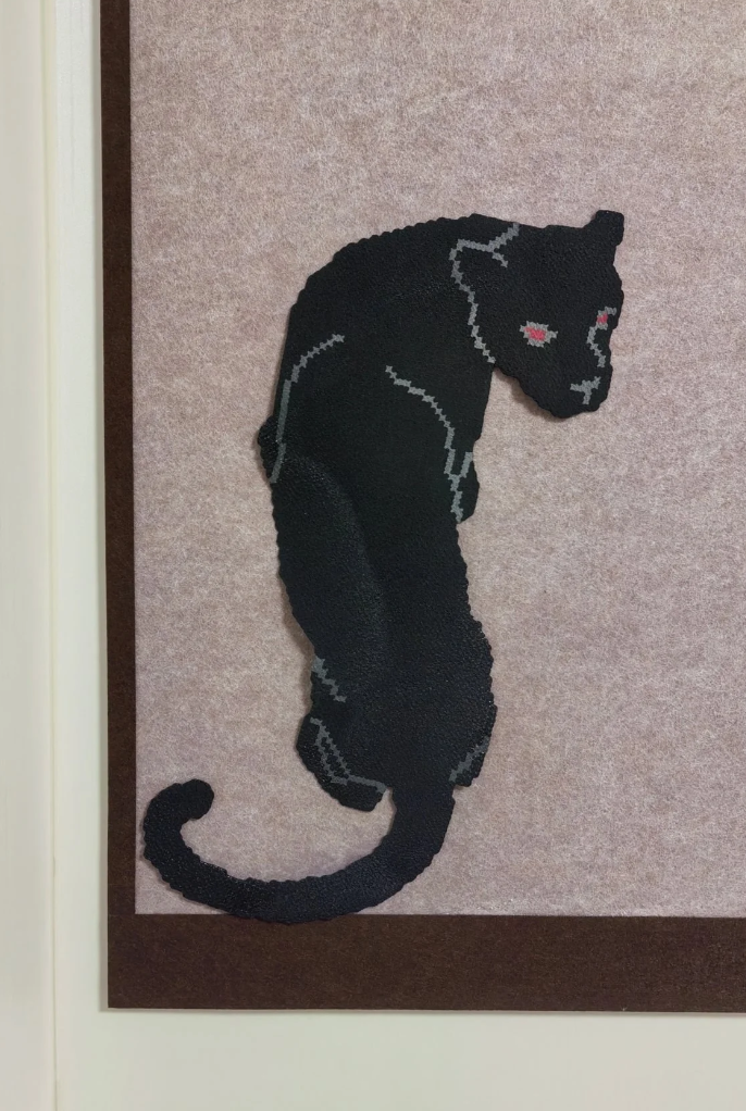 Realistic Black Panther Pixel Art – Sleek Monochrome Portrait with Striking Magenta Eyes – Dark Wildlife Decor