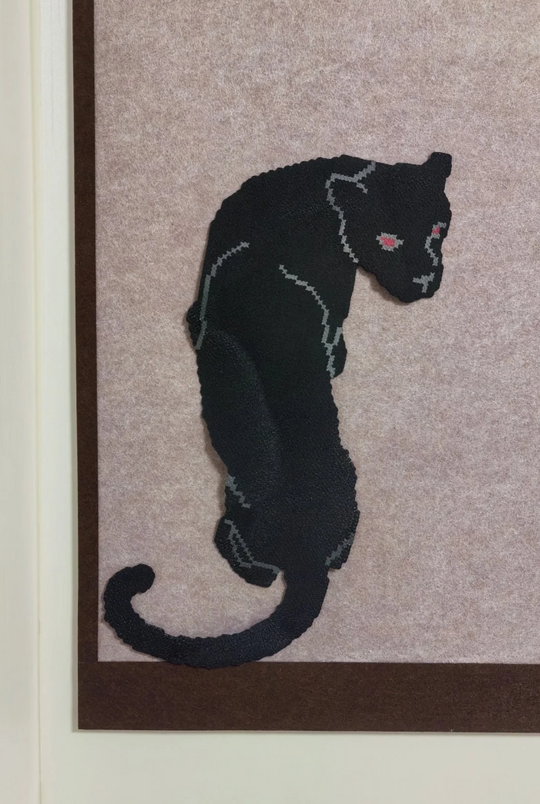 Realistic Black Panther Pixel Art – Sleek Monochrome Portrait with Striking Magenta Eyes – Dark Wildlife Decor