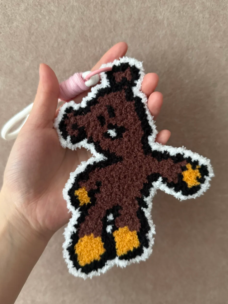 Caramel Plush Bear Keychain – Velvet Punch Needle with Stitched Smile – Soft Vintage Charm