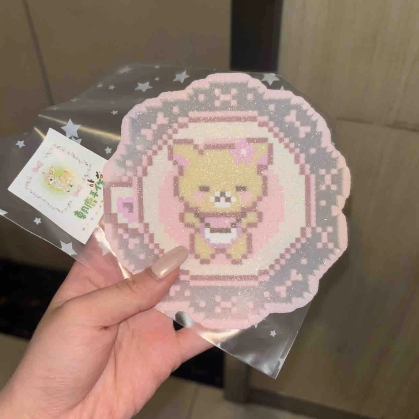 Pink Bear Coaster – Scalloped Flower Border with Pearlescent Shimmer – Pixel Art