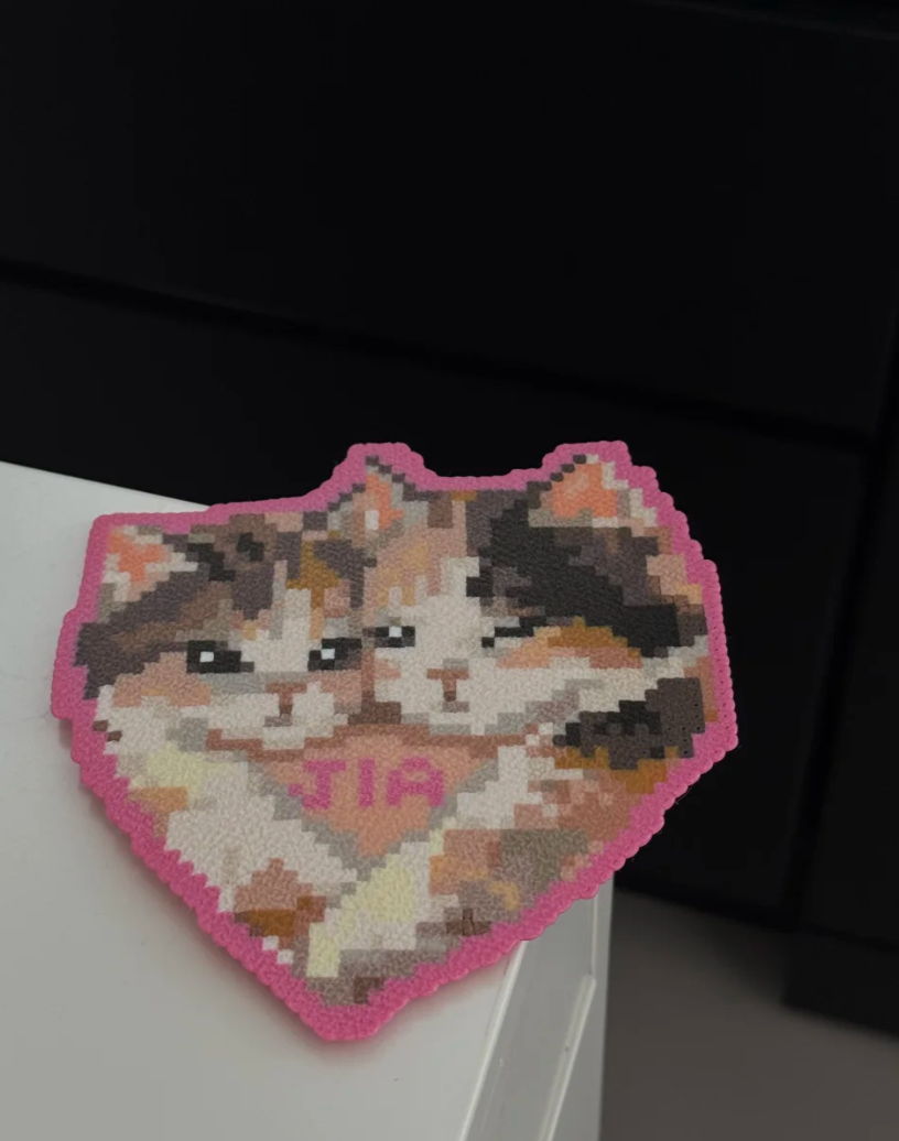 Custom Name Heart Calico Cat Perler Bead Charm | Personalized Pet Portrait Coaster & Bag Accessory