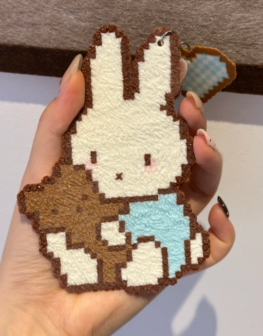 Cookie Bunny Pixel Charm – Seated White Rabbit with Biscuit & Checkered Heart – Sweet Pastel Decor
