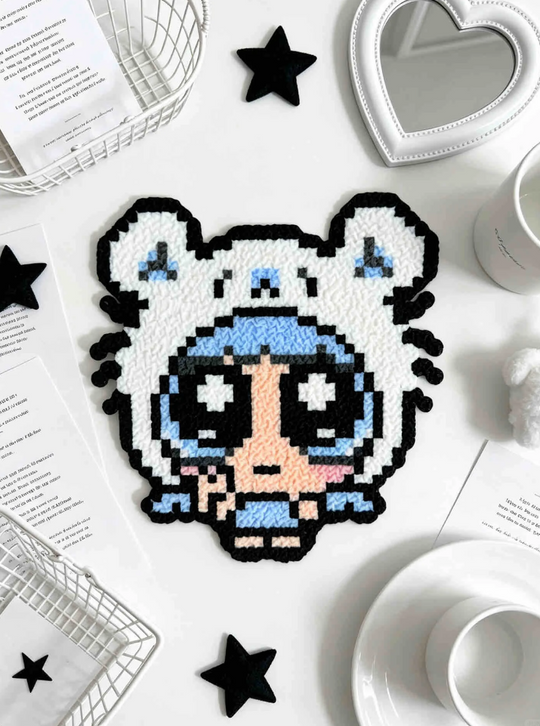Bear Hood Chibi Anime Girl Punch Needle Coaster | Kawaii Pastel Blue Desk Decor