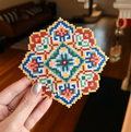 Boho Folk Mandala Perler Bead Coaster, Handmade Pixel Art Decor