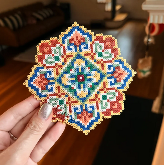 Boho Folk Mandala Perler Bead Coaster, Handmade Pixel Art Decor