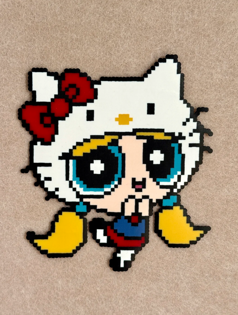 Powerpuff Kitty Pixel Charm – Hello Kitty Headpiece & Blue-Red Outfit – Cute Crossover Decor