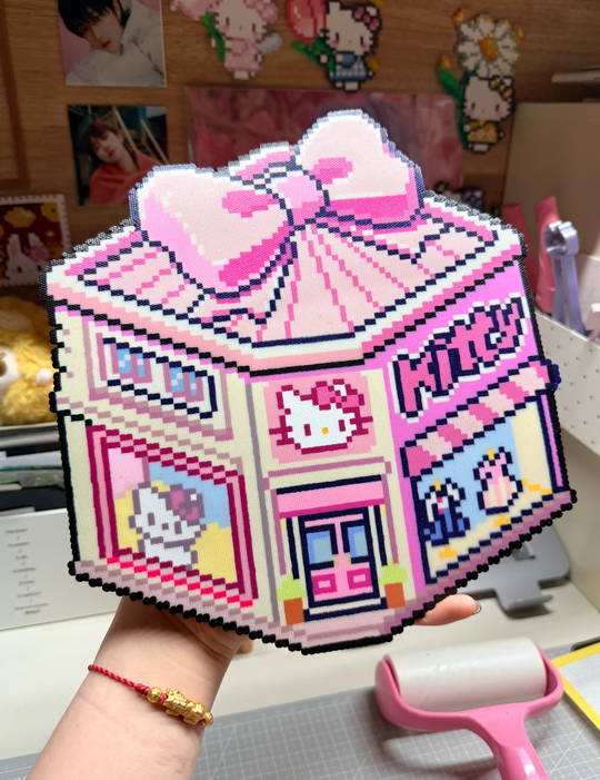 Hello Kitty Sweet Shop – Pink Corner Store with Bow Roof, KITTY Sign & Dessert Window – Pastel Pixel Decor