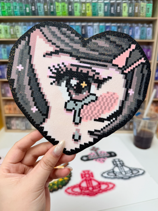 Glitter Heart Anime Girl Perler Bead Cutout | Y2K Alt Backpack Charm & Magnet