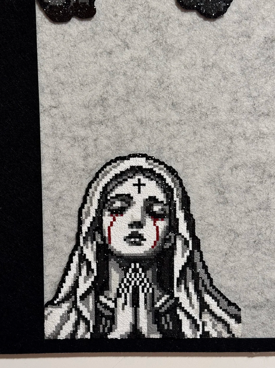 Gothic Nun Pixel Art – Black & White with Red Tears – Dark Devotional Decor