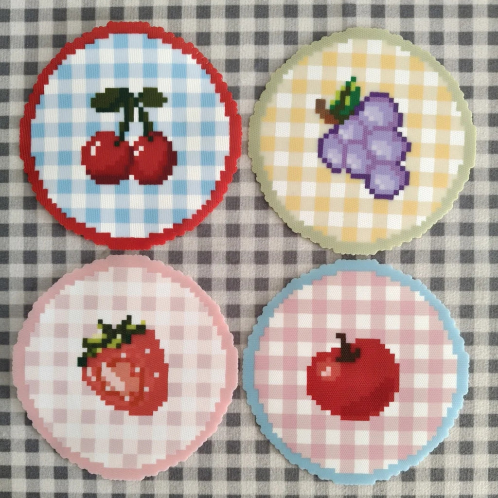 Handmade Fruit Perler Bead Coasters – Cherry / Strawberry / Grape / Apple