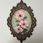 Vintage Glitter Oval Frame Pink Poppy Perler Bead Art | Retro Lace Floral Pixel Wall Decor
