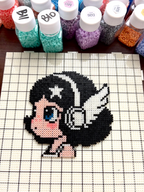 Y2K Dark Sweet Pixel Girl – Black Curly Hair, Blue Eyes & Wing Headdress – Edgy Kawaii Decor