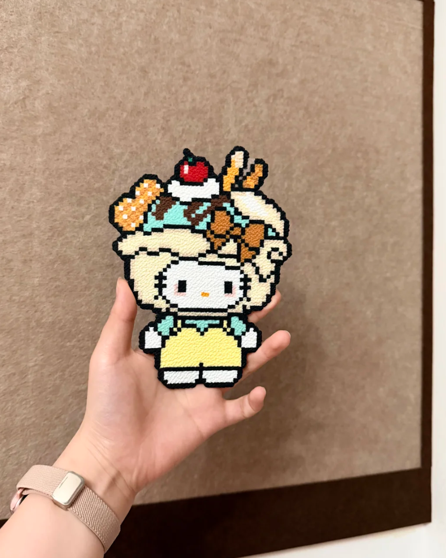 Hello Kitty Ice Cream Sundae Pixel Charm – Matte Texture & Black Outline – Sweet Dessert Decor