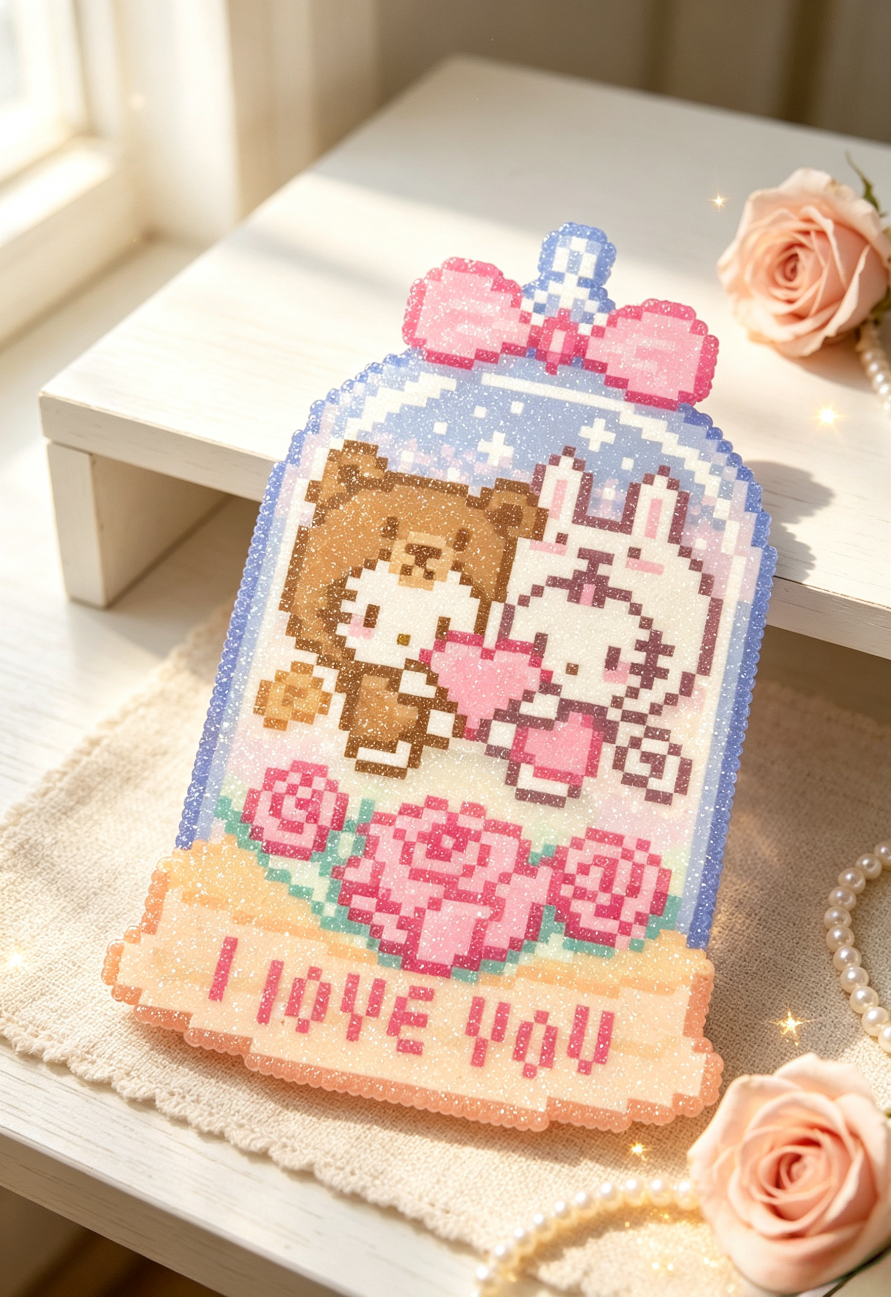 Glitter Sanrio Couple Bottle Perler Bead Art | Valentine Kawaii Wall Decor & Coaster