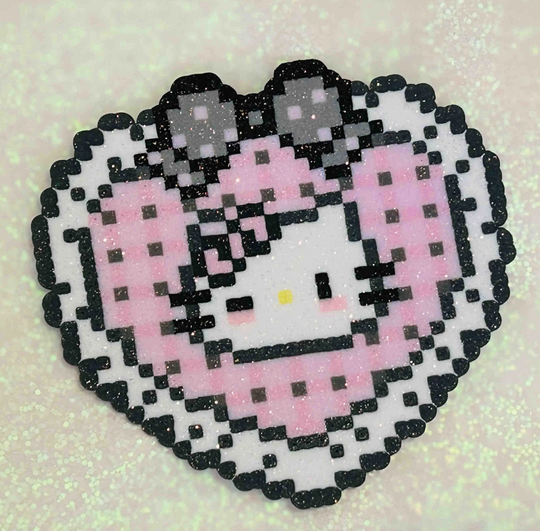 Glitter Pink Heart Hello Kitty Perler Bead Charm | Coquette Y2K Sanrio Backpack Accessory & Coaster