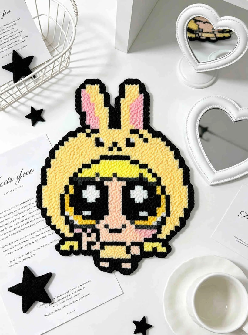 Yellow Bunny Hood Chibi Cartoon Punch Needle Coaster | Kawaii Anime Desk Decor