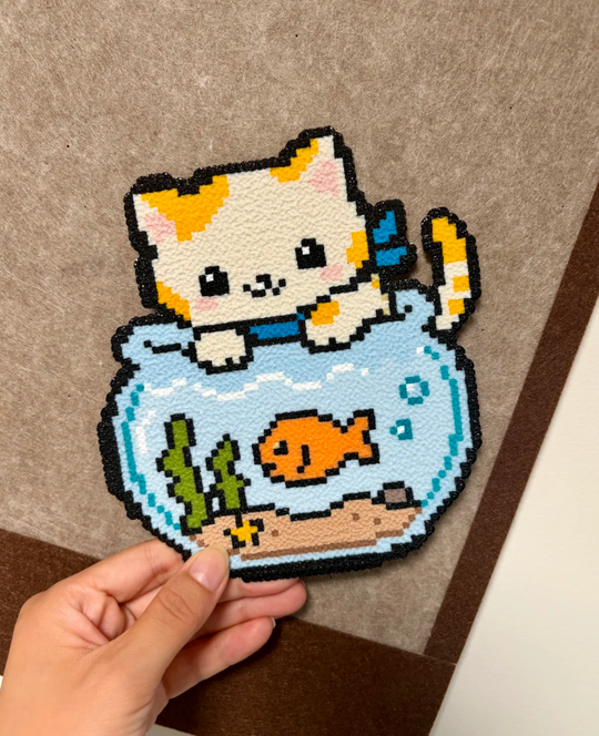 Kitten Over Fishbowl Perler Bead Coaster | Cute Cat Aquarium Backpack Charm & Magnet